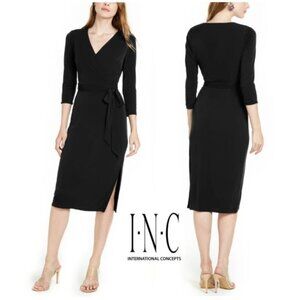 INC Black Tie 3/4 Sleeve V-Neck Midi Faux Wrap Cocktail Dress
